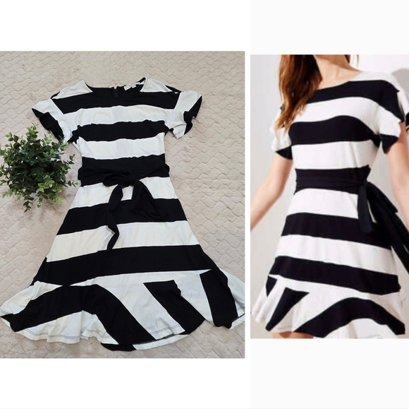 LOFT Dresses & Skirts - LOFT Black & White Striped Flutter Sleeve Belted Ruffle Dress, Size 6 Petites